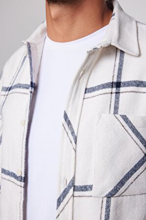 Slim Fit Dar Kesim Tek Cepli Kareli Bej-Gri Erkek Gömlek