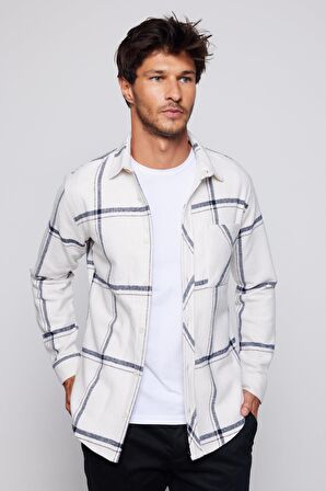 Slim Fit Dar Kesim Tek Cepli Kareli Bej-Gri Erkek Gömlek