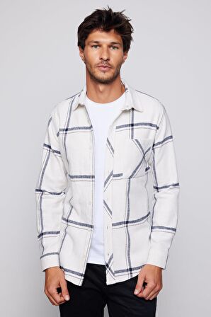 Slim Fit Dar Kesim Tek Cepli Kareli Bej-Gri Erkek Gömlek