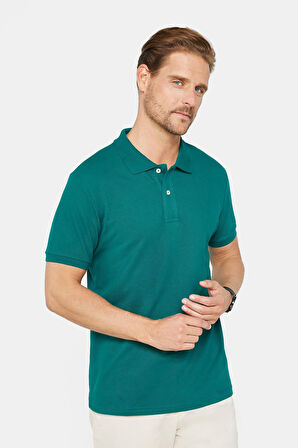 Erkek Slim Fit Dar Kesim %100 Pamuk Düz Pike Yeşil Polo Yaka Tişört