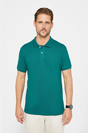Erkek Slim Fit Dar Kesim %100 Pamuk Düz Pike Yeşil Polo Yaka Tişört