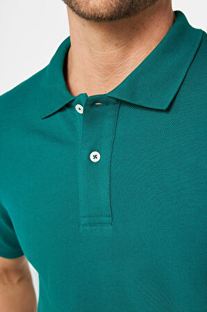 Erkek Slim Fit Dar Kesim %100 Pamuk Düz Pike Yeşil Polo Yaka Tişört