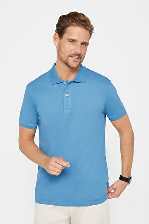 Erkek Slim Fit Dar Kesim %100 Pamuk Düz Pike İndigo Polo Yaka Tişört