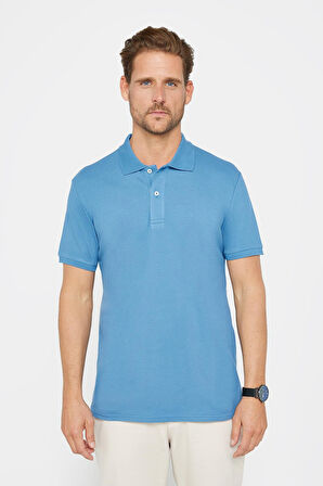 Erkek Slim Fit Dar Kesim %100 Pamuk Düz Pike İndigo Polo Yaka Tişört