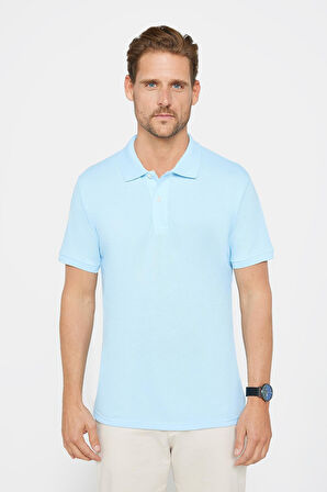 Erkek Slim Fit Dar Kesim %100 Pamuk Düz Pike Mavi Polo Yaka Tişört