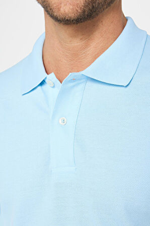Erkek Slim Fit Dar Kesim %100 Pamuk Düz Pike Mavi Polo Yaka Tişört