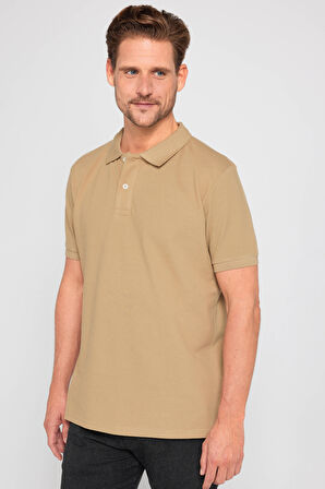 Erkek Slim Fit Dar Kesim %100 Pamuk Düz Pike Kum Rengi Polo Yaka Tişört