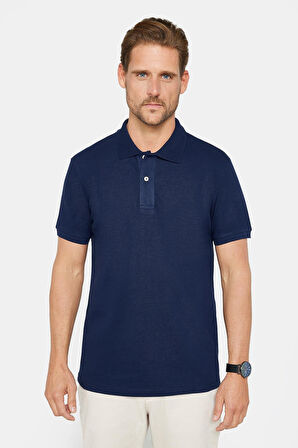 Erkek Slim Fit Dar Kesim %100 Pamuk Düz Pike Lacivert Polo Yaka Tişört