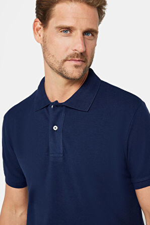 Erkek Slim Fit Dar Kesim %100 Pamuk Düz Pike Lacivert Polo Yaka Tişört