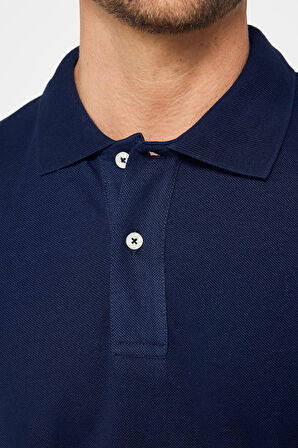 Erkek Slim Fit Dar Kesim %100 Pamuk Düz Pike Lacivert Polo Yaka Tişört