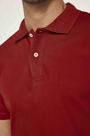Erkek Slim Fit Dar Kesim %100 Pamuk Düz Pike Bordo Polo Yaka Tişört