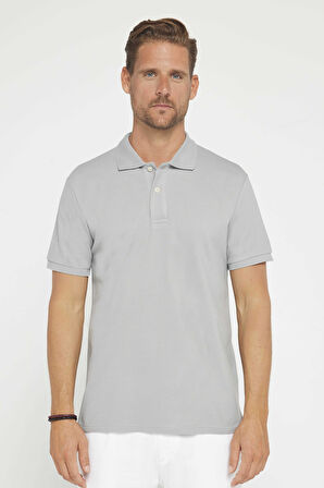 Erkek Slim Fit Dar Kesim %100 Pamuk Düz Pike Gri Polo Yaka Tişört