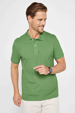 Erkek Slim Fit Dar Kesim %100 Pamuk Düz Pike Yeşil Polo Yaka Tişört