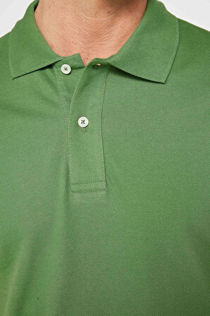 Erkek Slim Fit Dar Kesim %100 Pamuk Düz Pike Yeşil Polo Yaka Tişört