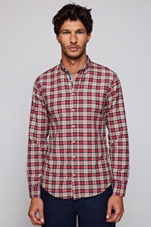 Slim Fit Kareli Pamuklu Kolay Ütü Erkek Gömlek