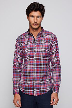 Slim Fit Kareli Pamuklu Kolay Ütü Erkek Gömlek