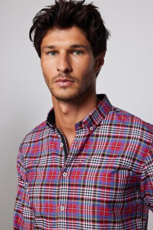 Slim Fit Kareli Pamuklu Kolay Ütü Erkek Gömlek