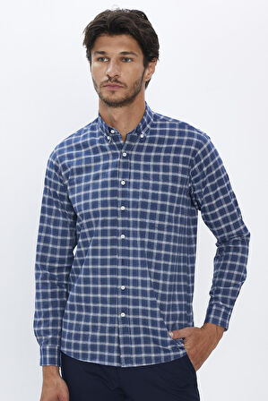 Erkek Regular Fit Klasik Kesim Düğmeli Yaka Küçük Kareli Pamuklu Lacivert Gömlek