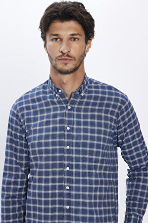 Erkek Regular Fit Klasik Kesim Düğmeli Yaka Küçük Kareli Pamuklu Lacivert Gömlek