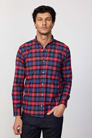 Erkek Regular Fit Klasik Kesim Düğmeli Yaka Küçük Kareli Pamuklu Bordo Gömlek