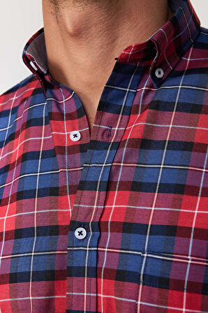 Erkek Regular Fit Klasik Kesim Düğmeli Yaka Küçük Kareli Pamuklu Bordo Gömlek