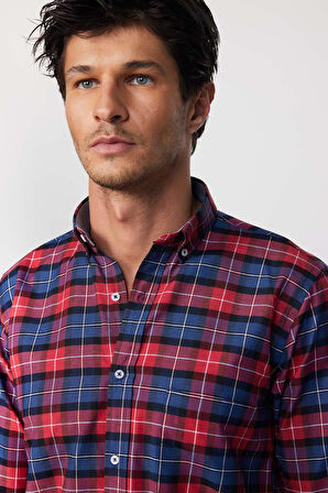 Erkek Regular Fit Klasik Kesim Düğmeli Yaka Küçük Kareli Pamuklu Bordo Gömlek