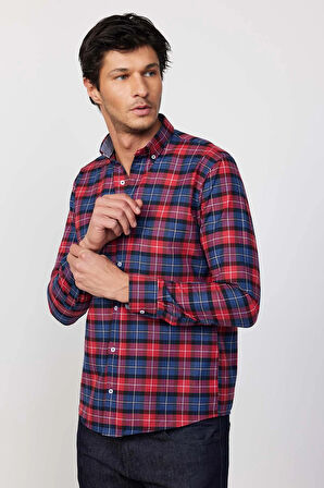 Erkek Regular Fit Klasik Kesim Düğmeli Yaka Küçük Kareli Pamuklu Bordo Gömlek