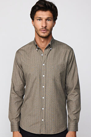 Erkek Regular Fit Klasik Kesim Düğmeli Yaka Küçük Kareli Pamuklu Gömlek
