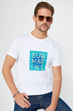 Erkek Slim Fit Dar Kesim %100 Pamuk Yumuşak Dokulu Baskılı Beyaz Bisiklet Yaka Tişört