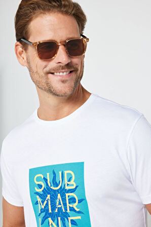 Erkek Slim Fit Dar Kesim %100 Pamuk Yumuşak Dokulu Baskılı Beyaz Bisiklet Yaka Tişört