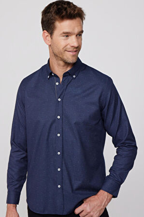 Erkek Regular Fit Klasik Kesim Düğmeli Yaka Pamuklu Kolay Ütü Baskılı Gömlek
