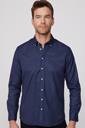 Erkek Regular Fit Klasik Kesim Düğmeli Yaka Pamuklu Kolay Ütü Baskılı Gömlek