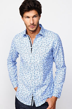 Slim Fit Uzun Kollu Dar Kesim Baskılı Oxford Doku Erkek Gömlek