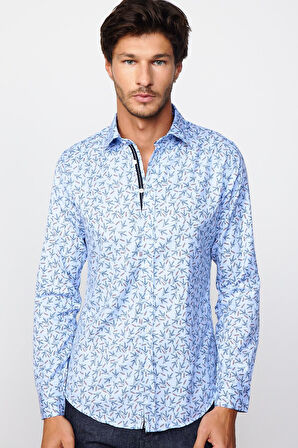Slim Fit Uzun Kollu Dar Kesim Baskılı Oxford Doku Erkek Gömlek