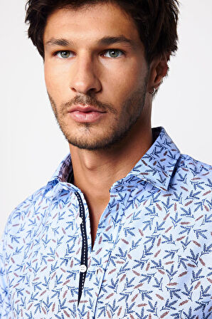 Slim Fit Uzun Kollu Dar Kesim Baskılı Oxford Doku Erkek Gömlek