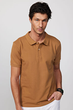 Erkek Slim Fit Dar Kesim %100 Pamuk Düz Pike Kahverengi Polo Yaka Tişört