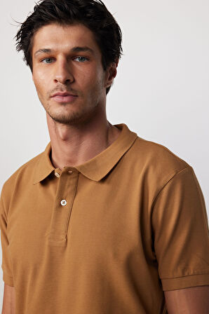 Erkek Slim Fit Dar Kesim %100 Pamuk Düz Pike Kahverengi Polo Yaka Tişört