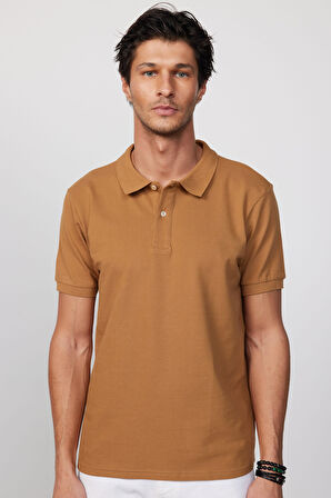 Erkek Slim Fit Dar Kesim %100 Pamuk Düz Pike Kahverengi Polo Yaka Tişört