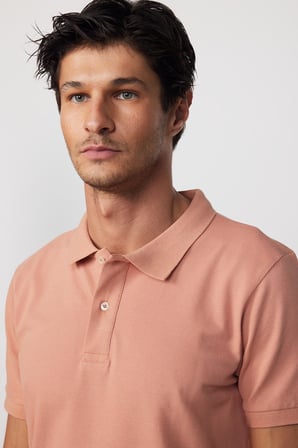 Erkek Slim Fit Dar Kesim %100 Pamuk Düz Pike Somon Renk Polo Yaka Tişört