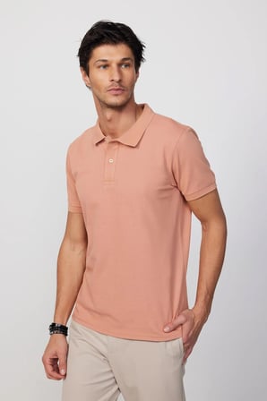 Erkek Slim Fit Dar Kesim %100 Pamuk Düz Pike Somon Renk Polo Yaka Tişört