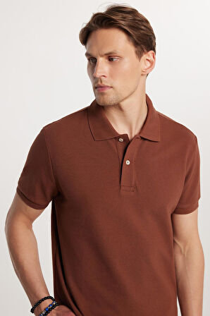 Erkek Slim Fit Dar Kesim %100 Pamuk Düz Pike Kahverengi Polo Yaka Tişört