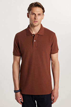 Erkek Slim Fit Dar Kesim %100 Pamuk Düz Pike Kahverengi Polo Yaka Tişört