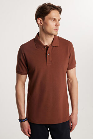 Erkek Slim Fit Dar Kesim %100 Pamuk Düz Pike Kahverengi Polo Yaka Tişört