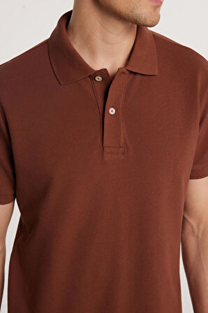 Erkek Slim Fit Dar Kesim %100 Pamuk Düz Pike Kahverengi Polo Yaka Tişört
