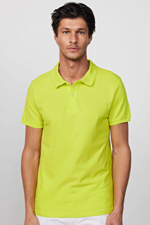 Erkek Slim Fit Dar Kesim %100 Pamuk Düz Pike Yeşil Polo Yaka Tişört