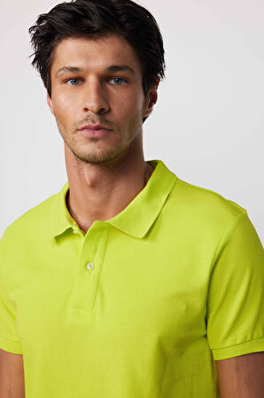 Erkek Slim Fit Dar Kesim %100 Pamuk Düz Pike Yeşil Polo Yaka Tişört