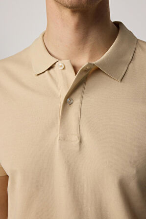 Erkek Slim Fit Dar Kesim %100 Pamuk Düz Pike Krem Renk Polo Yaka Tişört