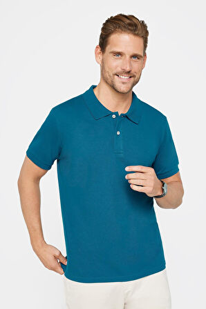Erkek Slim Fit Dar Kesim %100 Pamuk Düz Pike Petrol Renk Polo Yaka Tişört