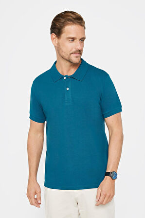 Erkek Slim Fit Dar Kesim %100 Pamuk Düz Pike Petrol Renk Polo Yaka Tişört