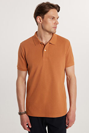 Erkek Slim Fit Dar Kesim %100 Pamuk Düz Pike Kahverengi Polo Yaka Tişört